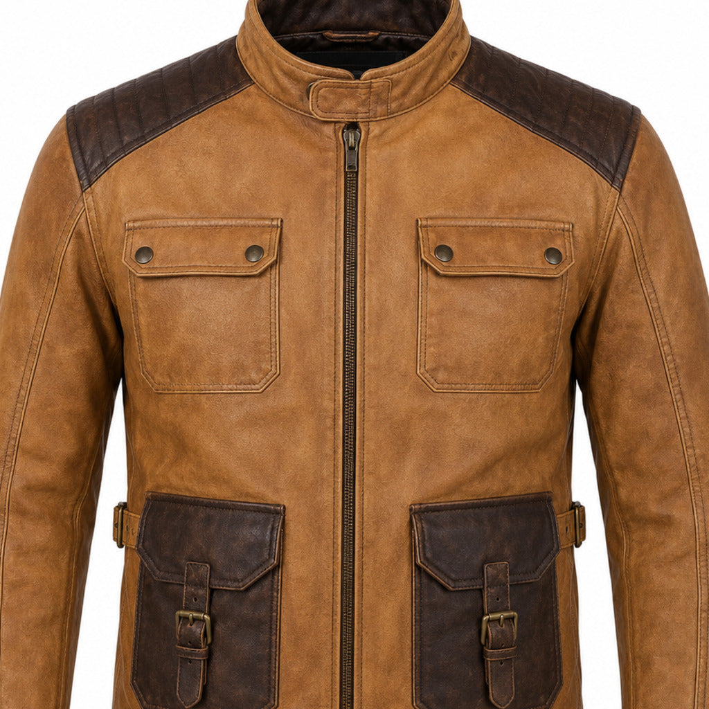 Whiskey Line Tan classic cruiser leather motorcycle jacket upper construction detail