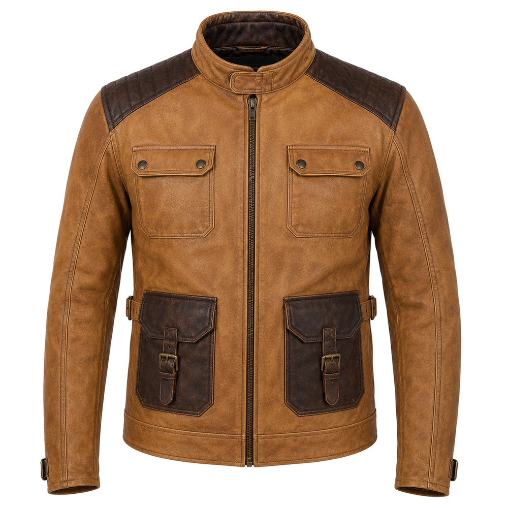 Whiskey Line Tan classic cruiser leather motorcycle jacket front hero view