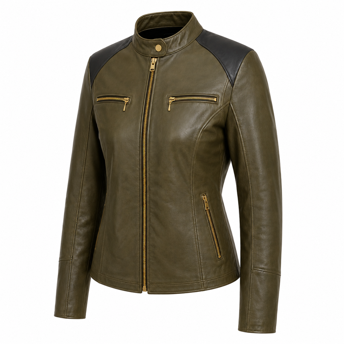 Willow Avenue Women’s Olive Leather Street Jacket three-quarter leather detail view