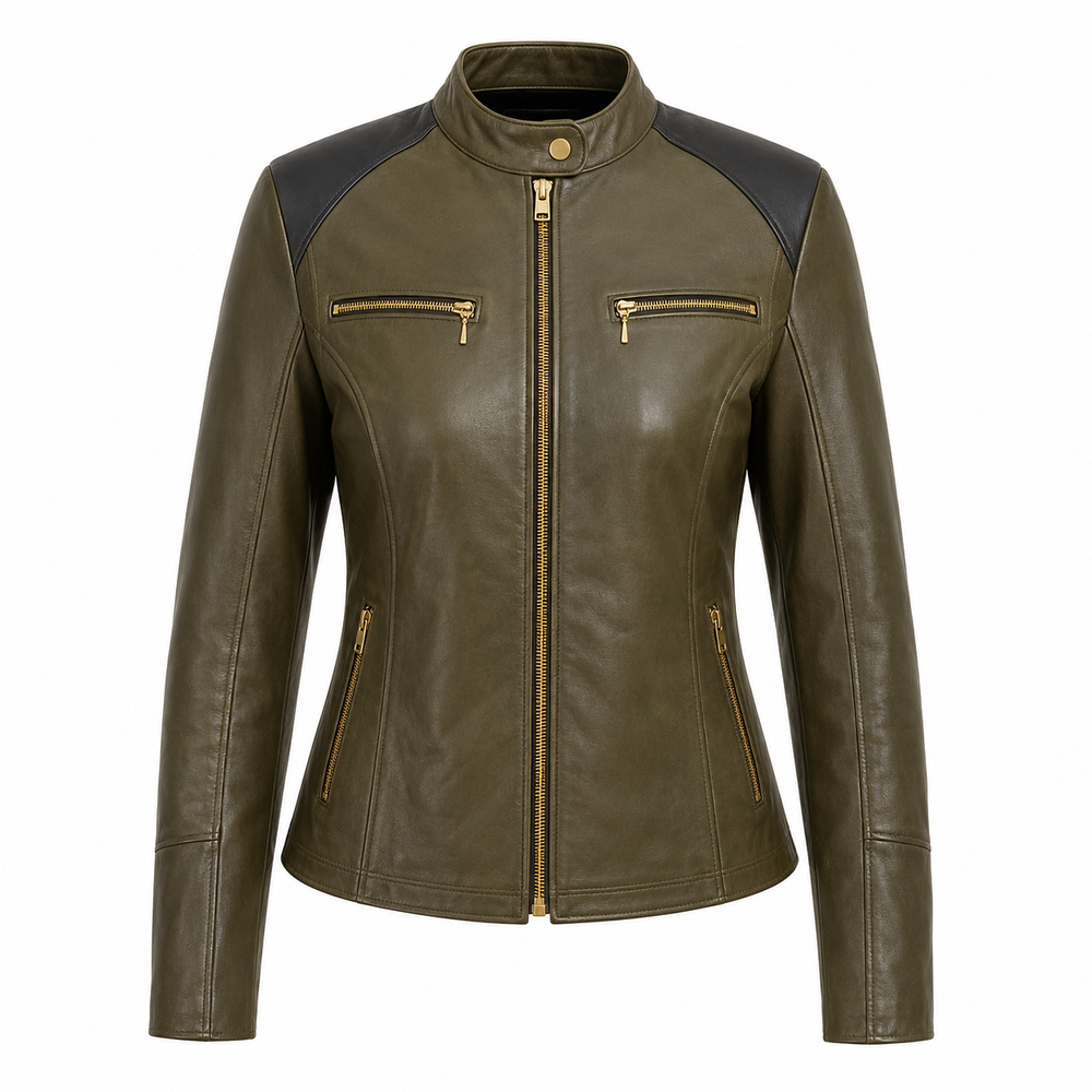 women’s olive leather street jacket – Willow Avenue Women’s Olive Leather Street Jacket front view