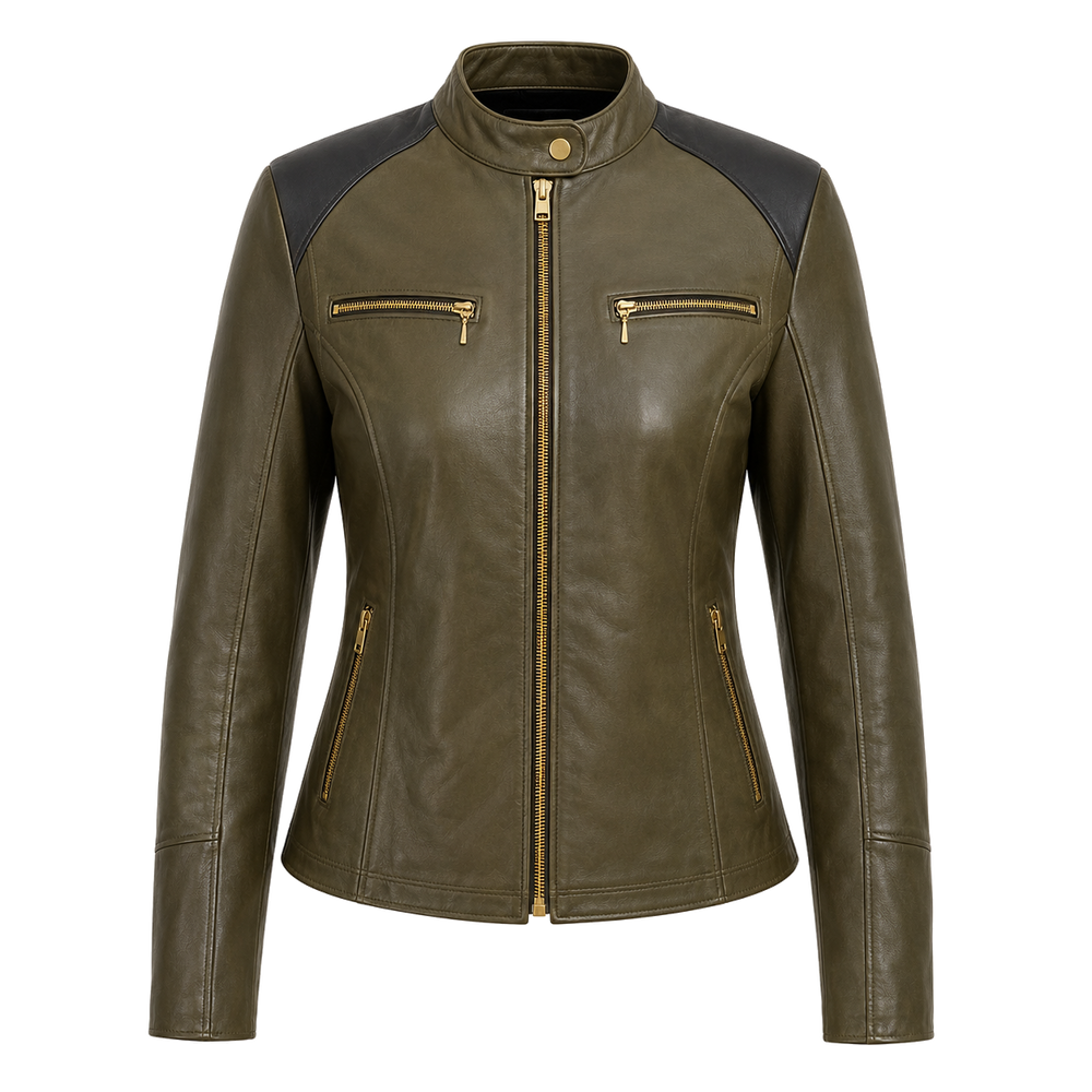women’s olive leather street jacket – Willow Avenue Women’s Olive Leather Street Jacket front view