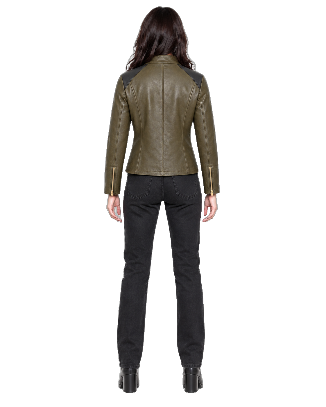 Willow Avenue Women’s Olive Leather Street Jacket back view on female model with transparent background