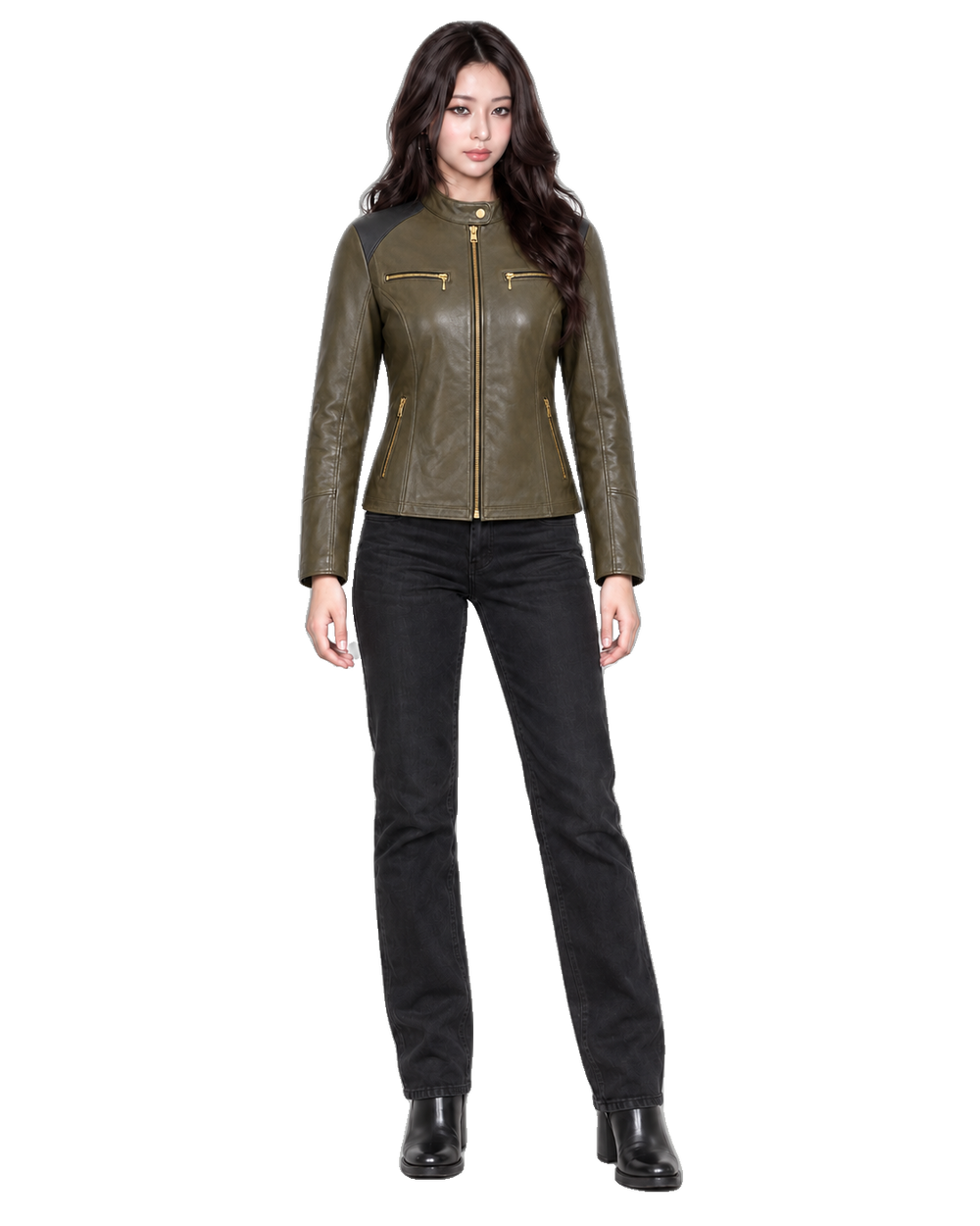 Willow Avenue Women’s Olive Leather Street Jacket front view on female model with transparent background