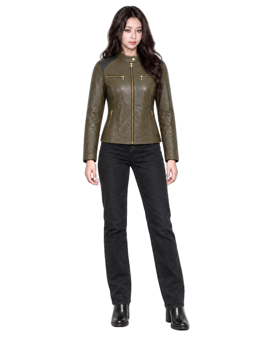 Willow Avenue Women’s Olive Leather Street Jacket front view on female model with transparent background