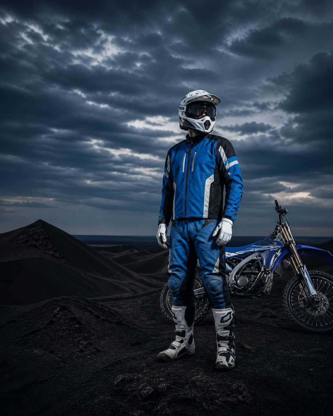 ZEES Moto adventure rider in blue gear beside a dirt motorcycle on volcanic terrain