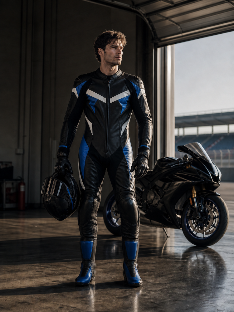 Rider in blue and black leather gear in a pit garage