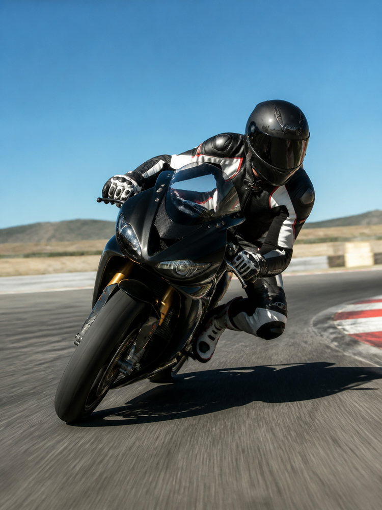 Motorcycle rider cornering on a racetrack