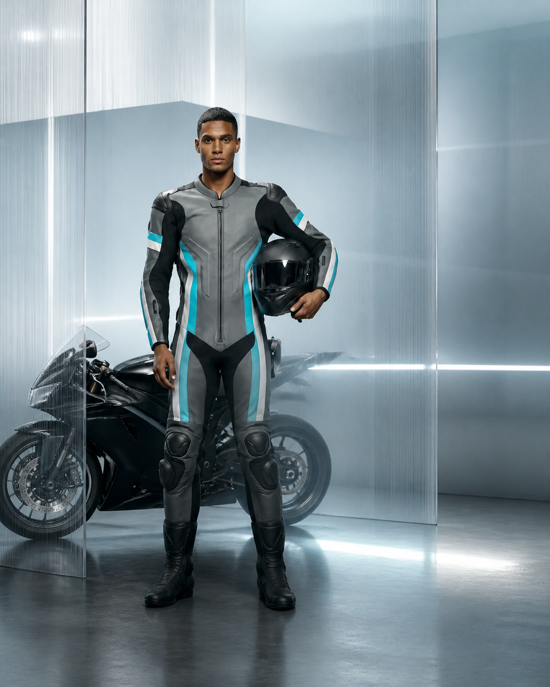 ZEES Moto road rider in grey and cyan leather gear beside a sport motorcycle