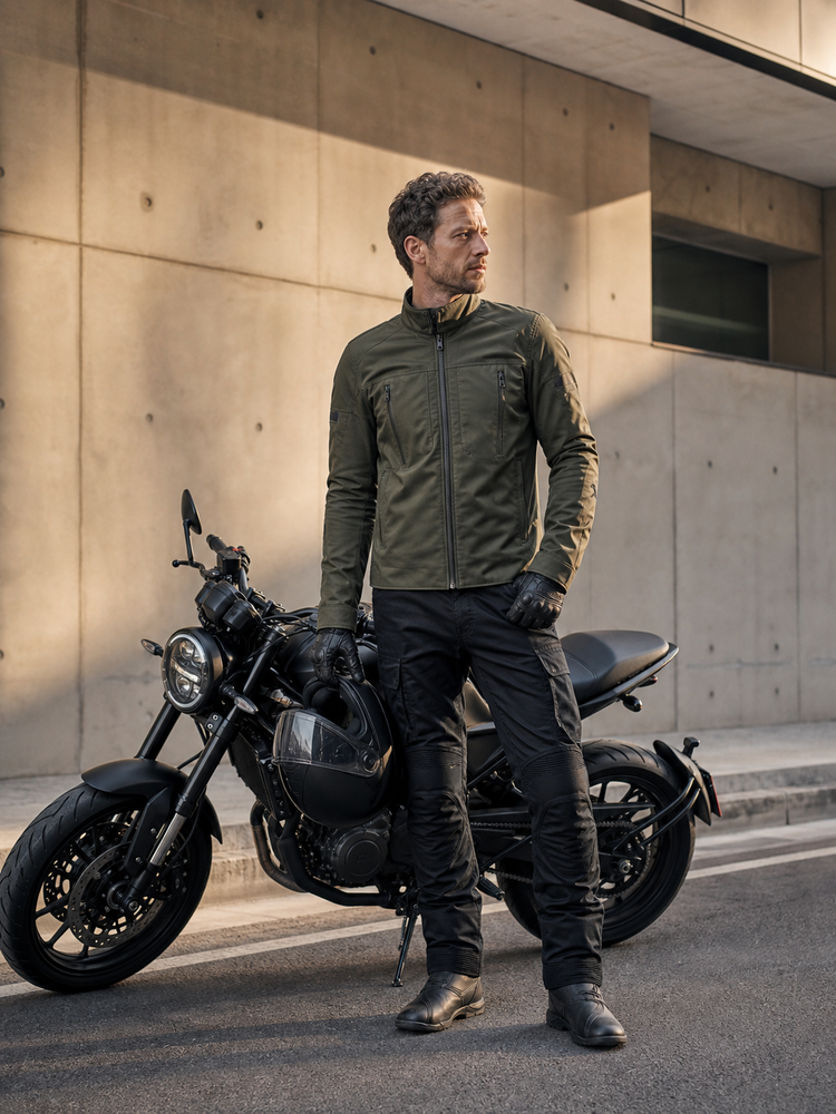 Rider in an olive jacket beside a city motorcycle