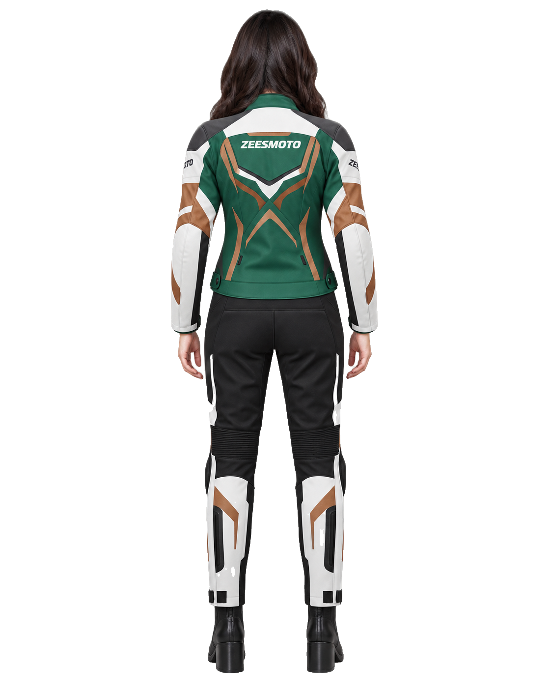 ZEESMOTO Womens Alpine-Trek Textile Motorcycle Suit - CE Armored back view on female model with transparent background