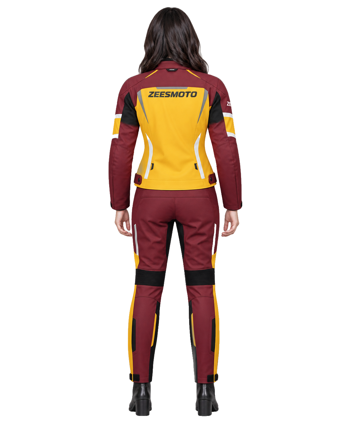 ZEESMOTO Womens Autumn-Blaze Textile Motorcycle Suit - CE Armored back view on female model with transparent background