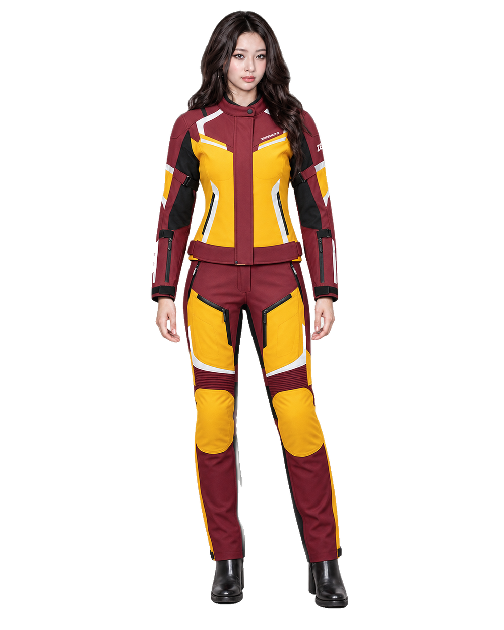 ZEESMOTO Womens Autumn-Blaze Textile Motorcycle Suit - CE Armored front view on female model with transparent background