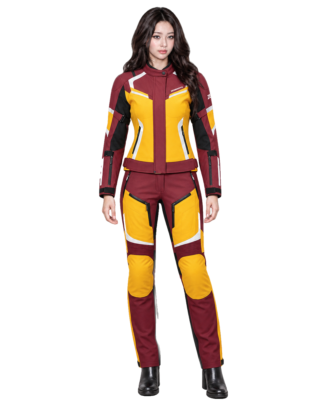 ZEESMOTO Womens Autumn-Blaze Textile Motorcycle Suit - CE Armored front view on female model with transparent background