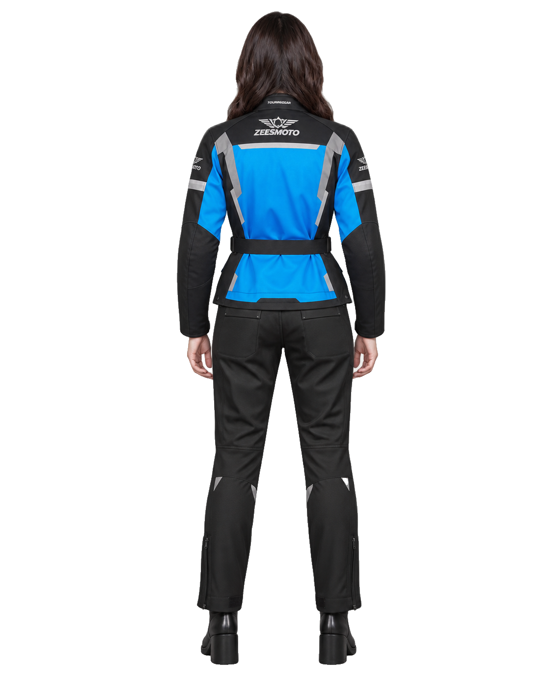 ZEESMOTO Womens Azure-Strike Textile Motorcycle Suit - CE Armored back view on female model with transparent background