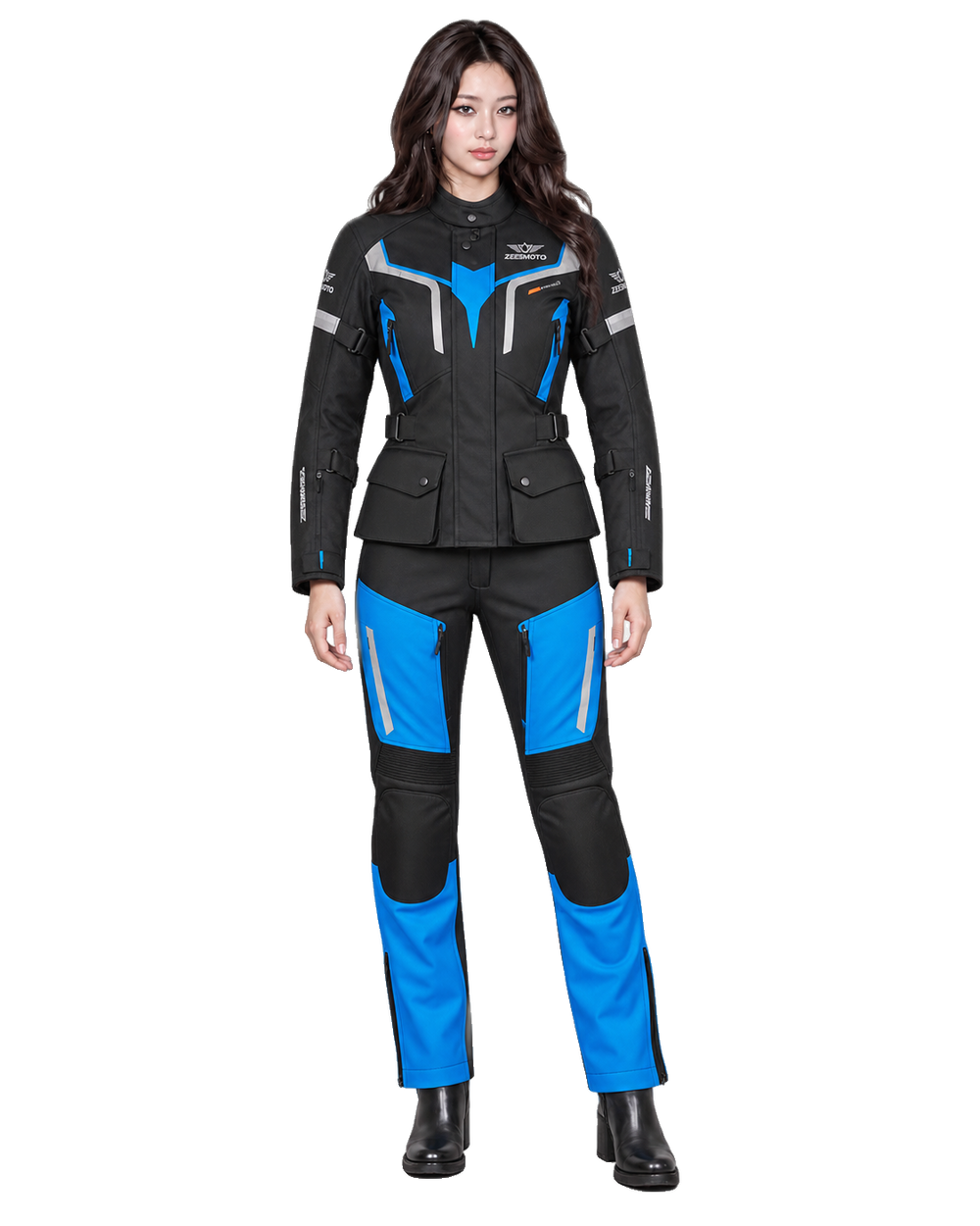 ZEESMOTO Womens Azure-Strike Textile Motorcycle Suit - CE Armored front view on female model with transparent background
