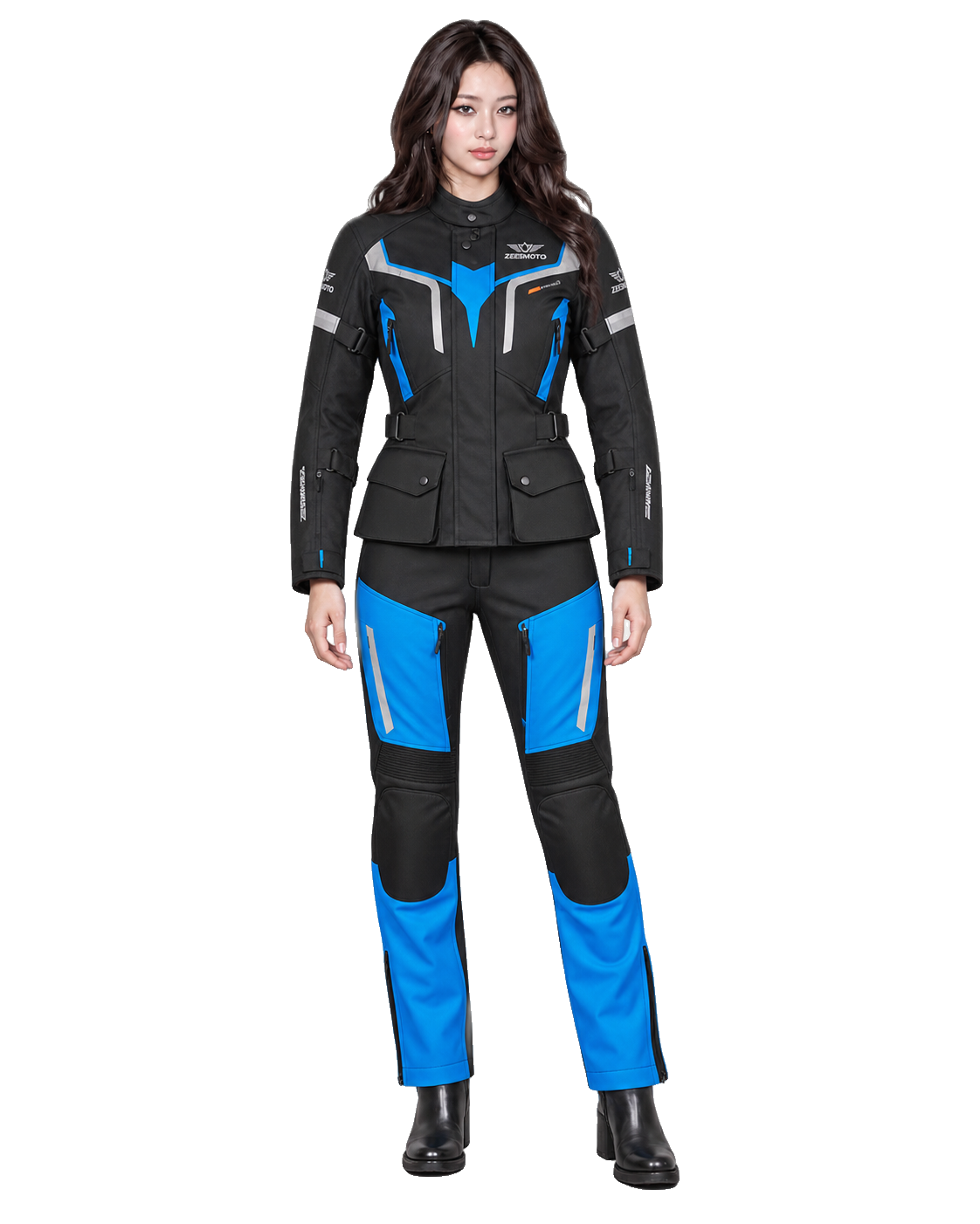 ZEESMOTO Womens Azure-Strike Textile Motorcycle Suit - CE Armored front view on female model with transparent background