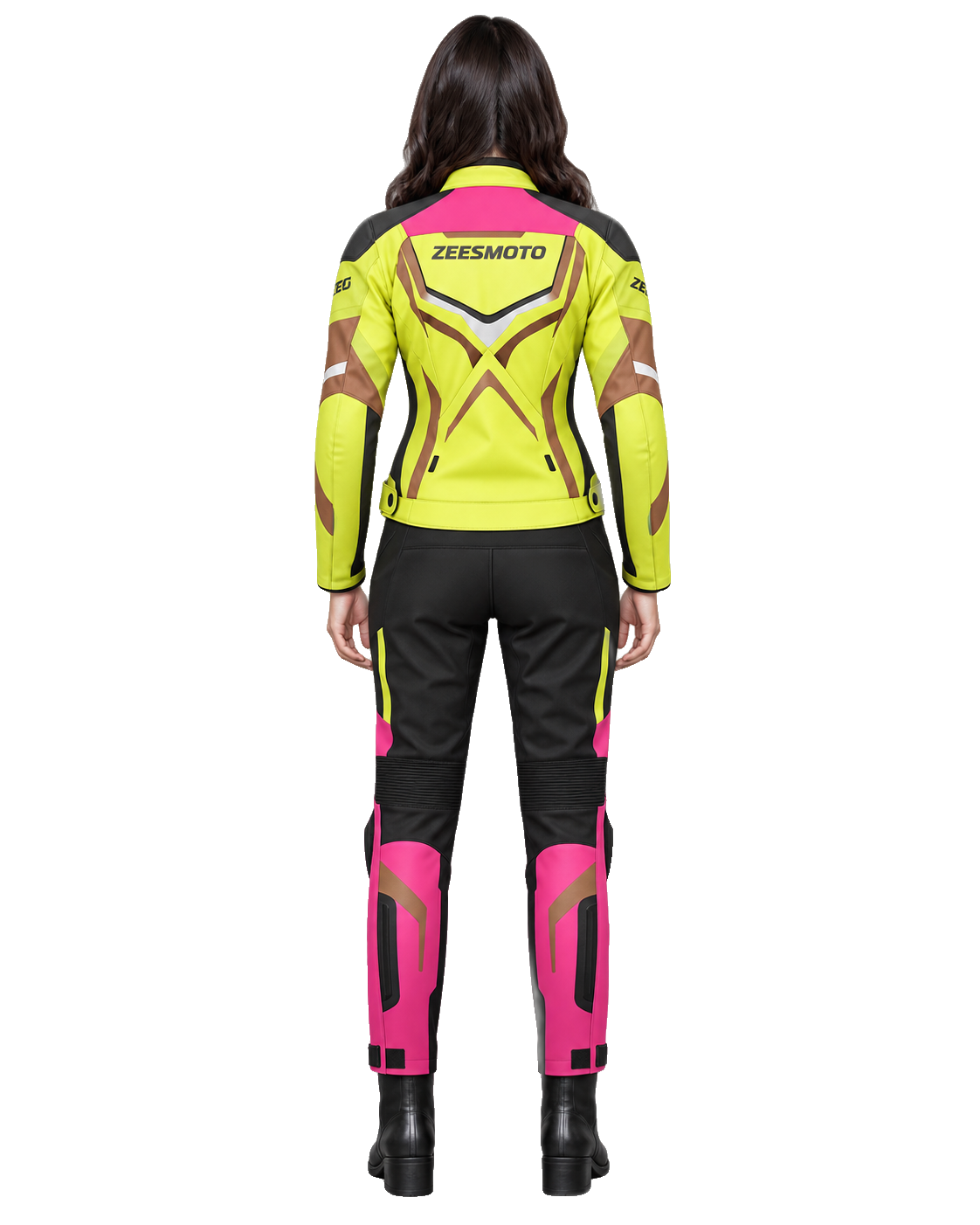 ZEESMOTO Womens Chroma-Shift Textile Motorcycle Suit - CE Armored back view on female model with transparent background