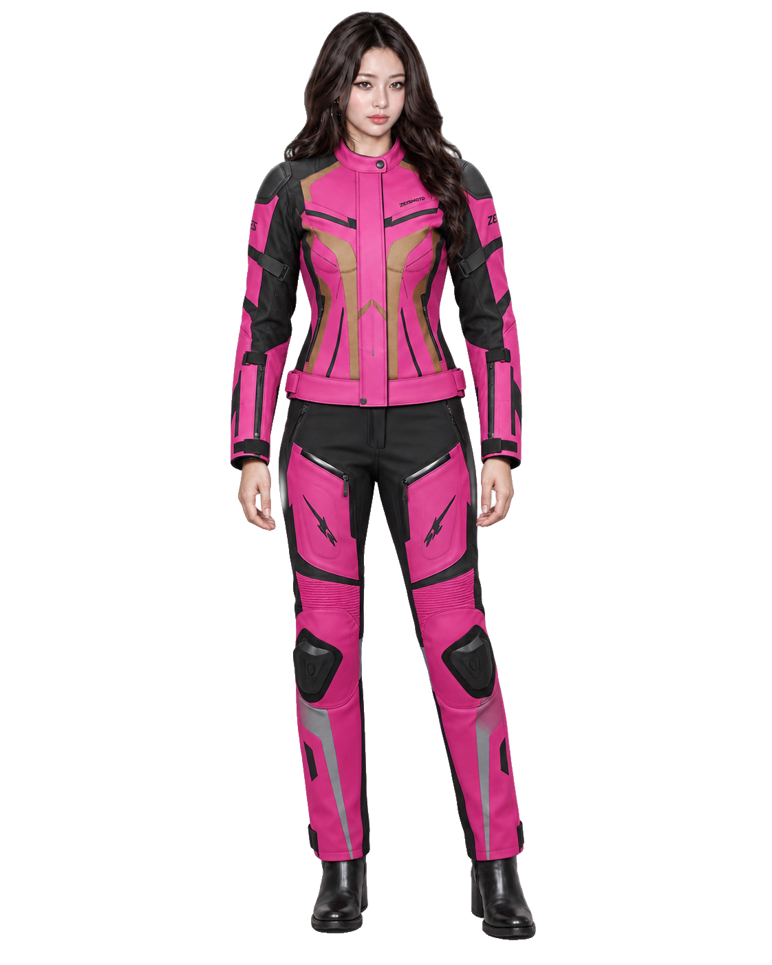 ZEESMOTO Womens Chroma-Shift Textile Motorcycle Suit - CE Armored front view on female model with transparent background