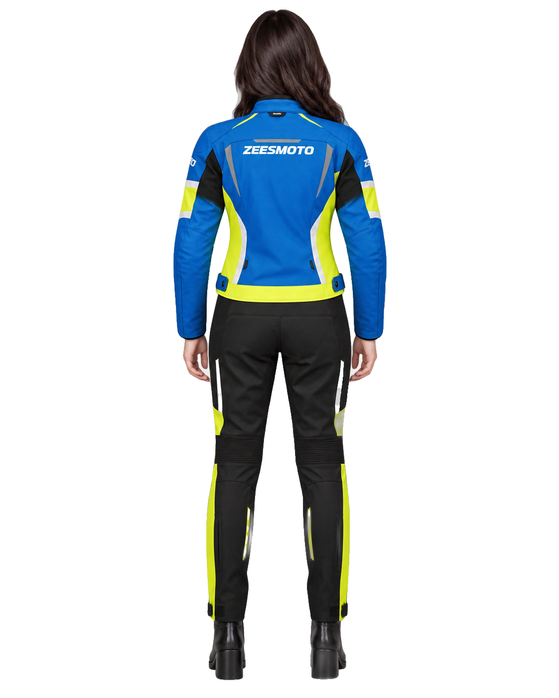 ZEESMOTO Womens Cobalt-Surge Textile Motorcycle Suit - CE Armored back view on female model with transparent background