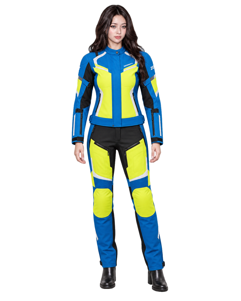ZEESMOTO Womens Cobalt-Surge Textile Motorcycle Suit - CE Armored front view on female model with transparent background