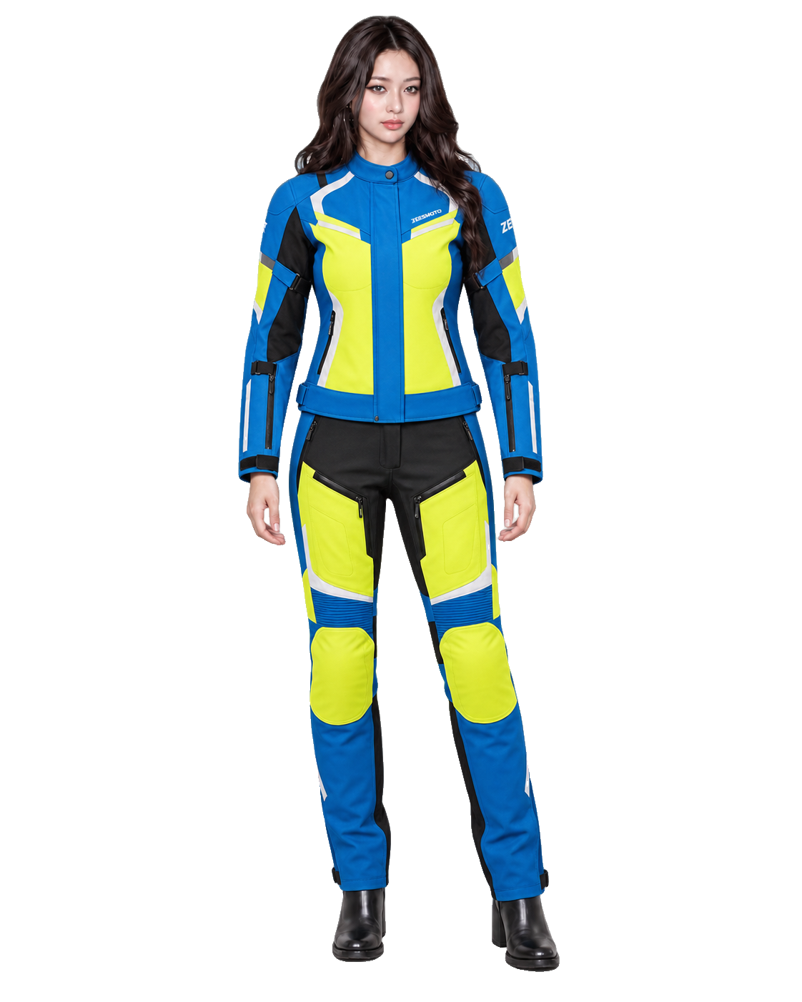 ZEESMOTO Womens Cobalt-Surge Textile Motorcycle Suit - CE Armored front view on female model with transparent background