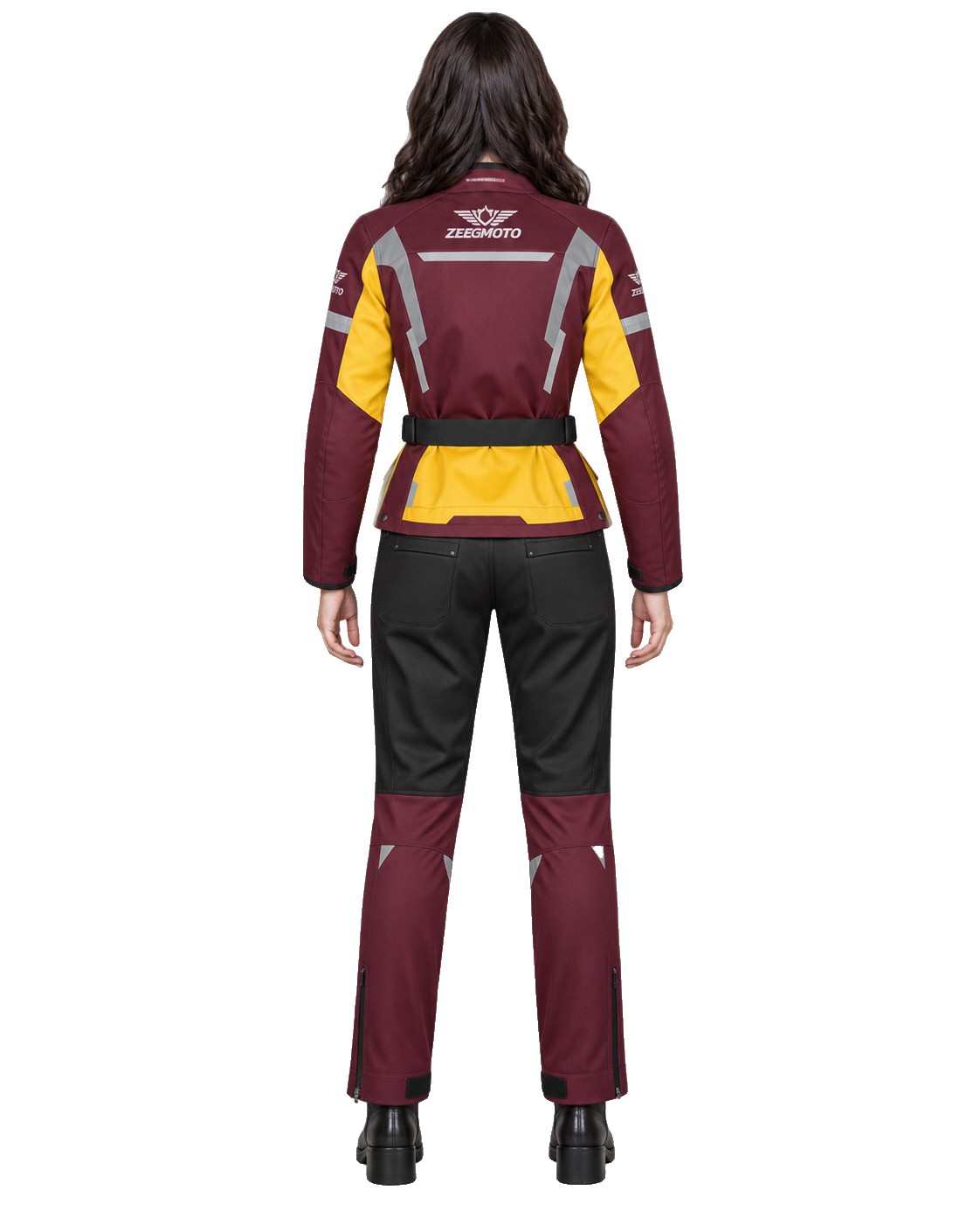 ZEESMOTO Womens Crimson-Flare Textile Motorcycle Suit - CE Armored back view on female model with transparent background