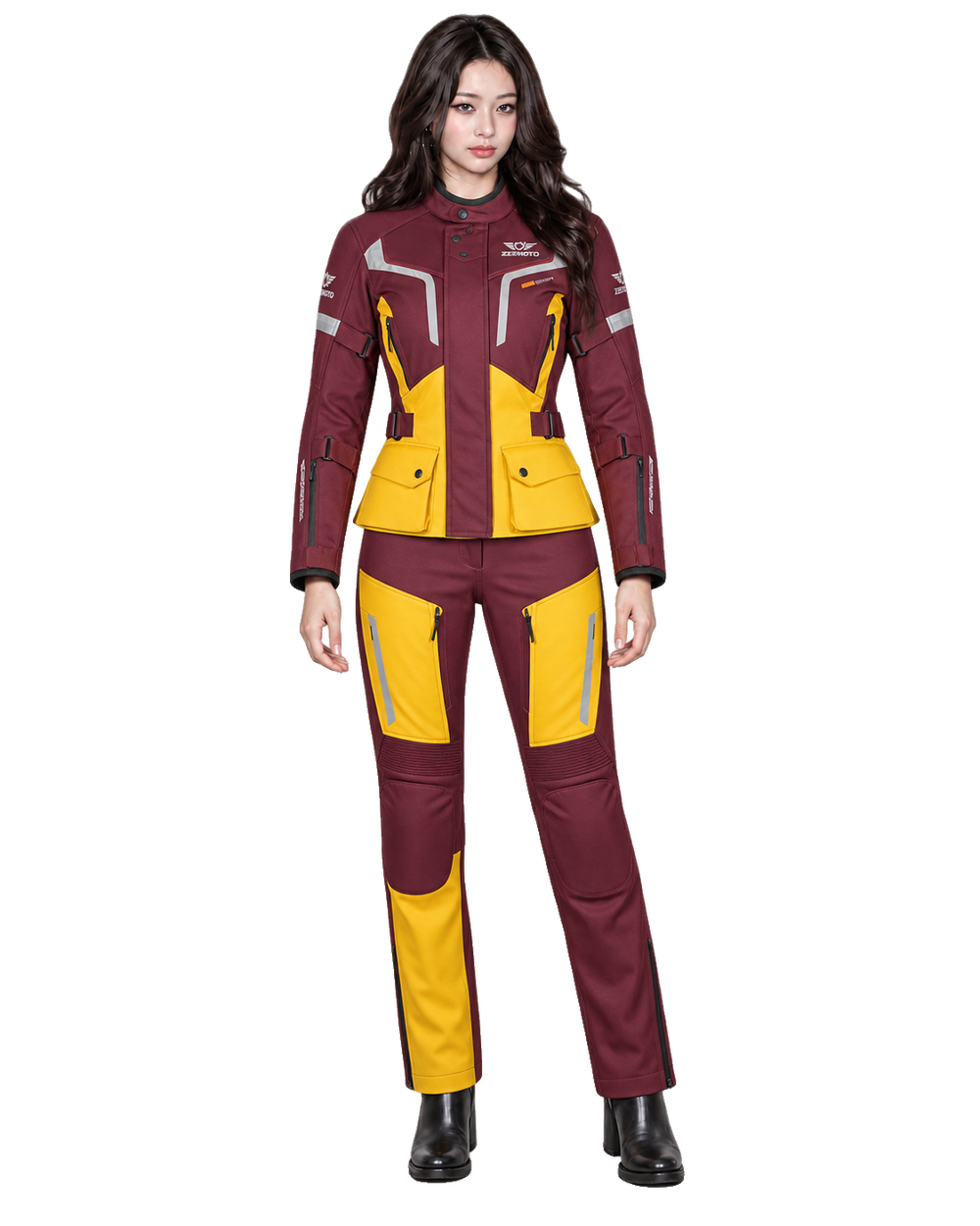 ZEESMOTO Womens Crimson-Flare Textile Motorcycle Suit - CE Armored front view on female model with transparent background