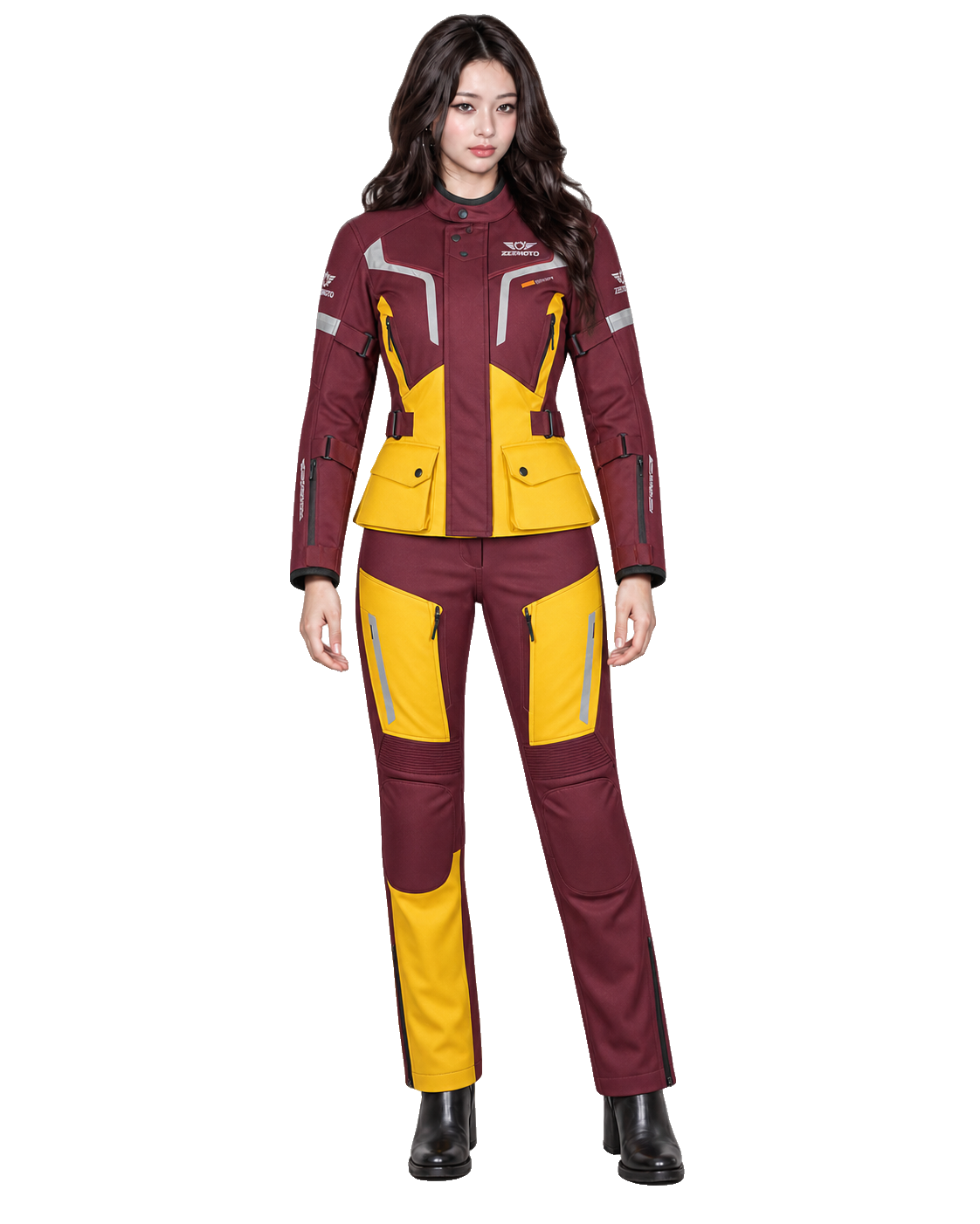ZEESMOTO Womens Crimson-Flare Textile Motorcycle Suit - CE Armored front view on female model with transparent background
