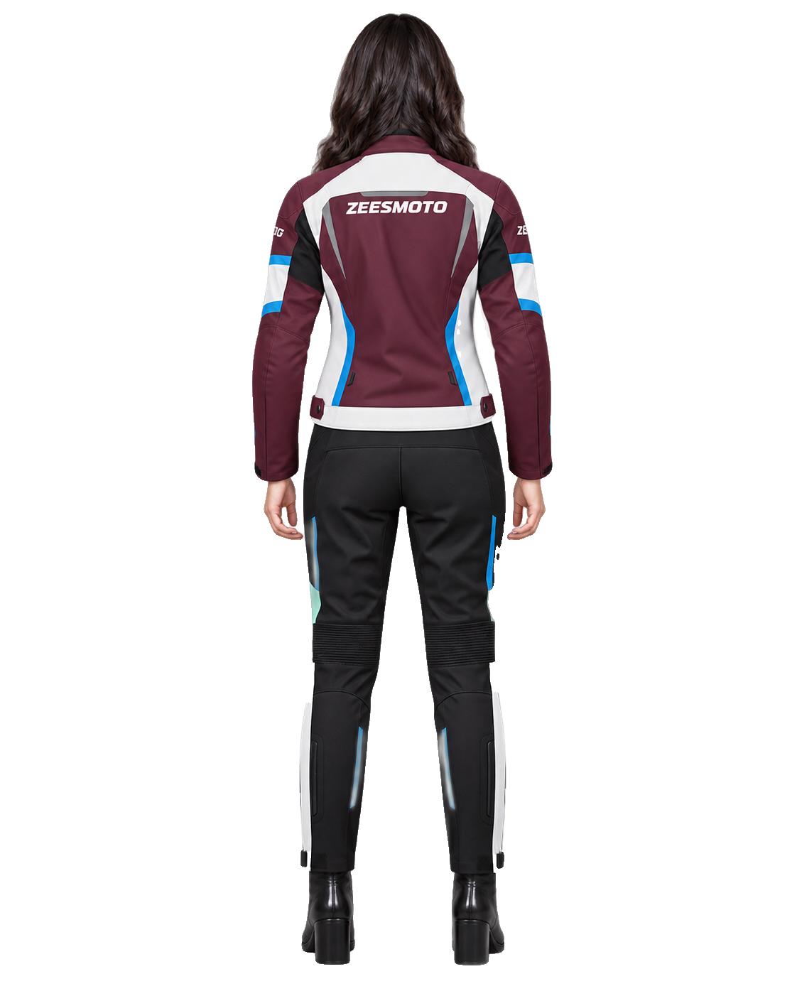 ZEESMOTO Womens Crimson-Tide Textile Motorcycle Suit - CE Armored back view on female model with transparent background