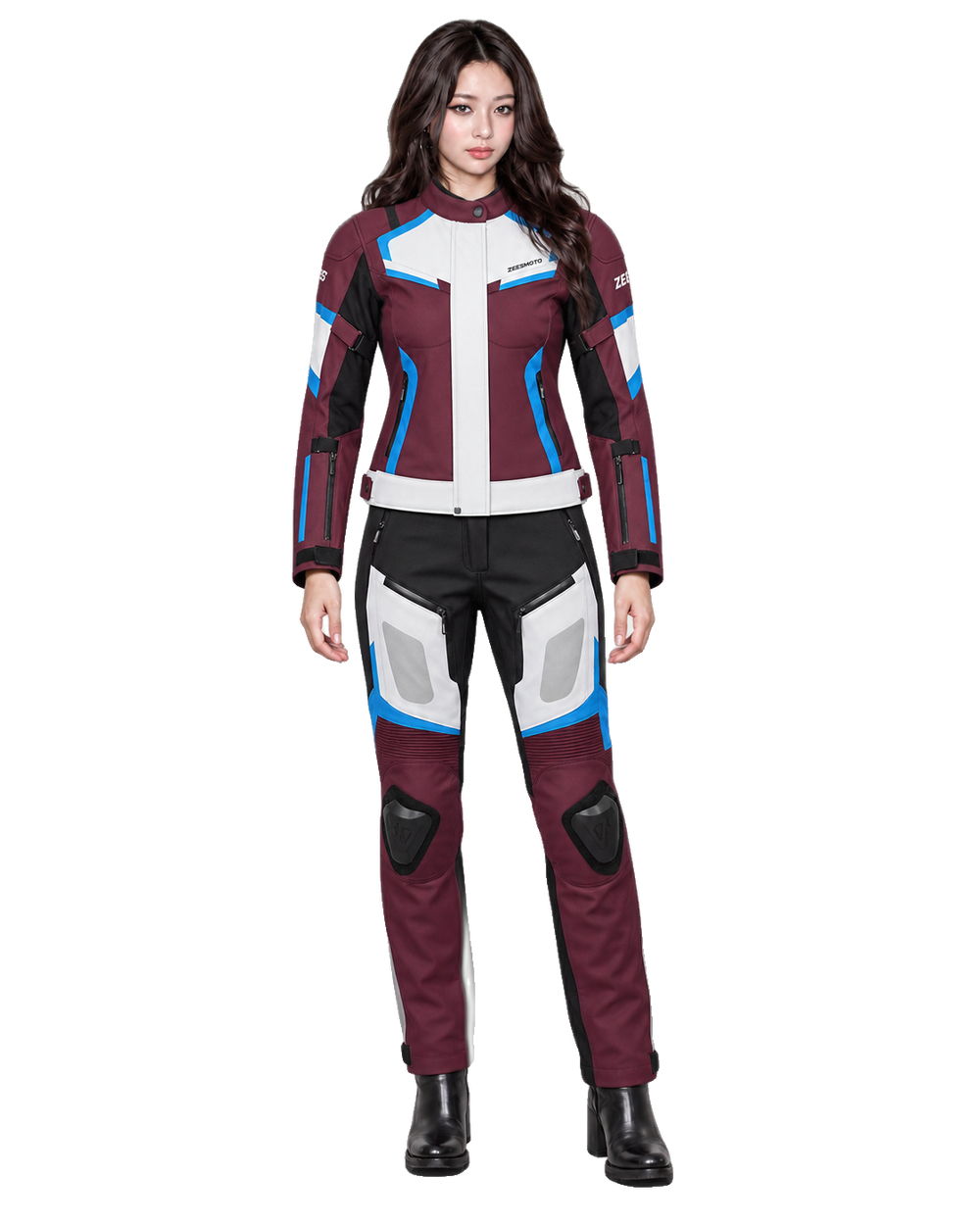 ZEESMOTO Womens Crimson-Tide Textile Motorcycle Suit - CE Armored front view on female model with transparent background