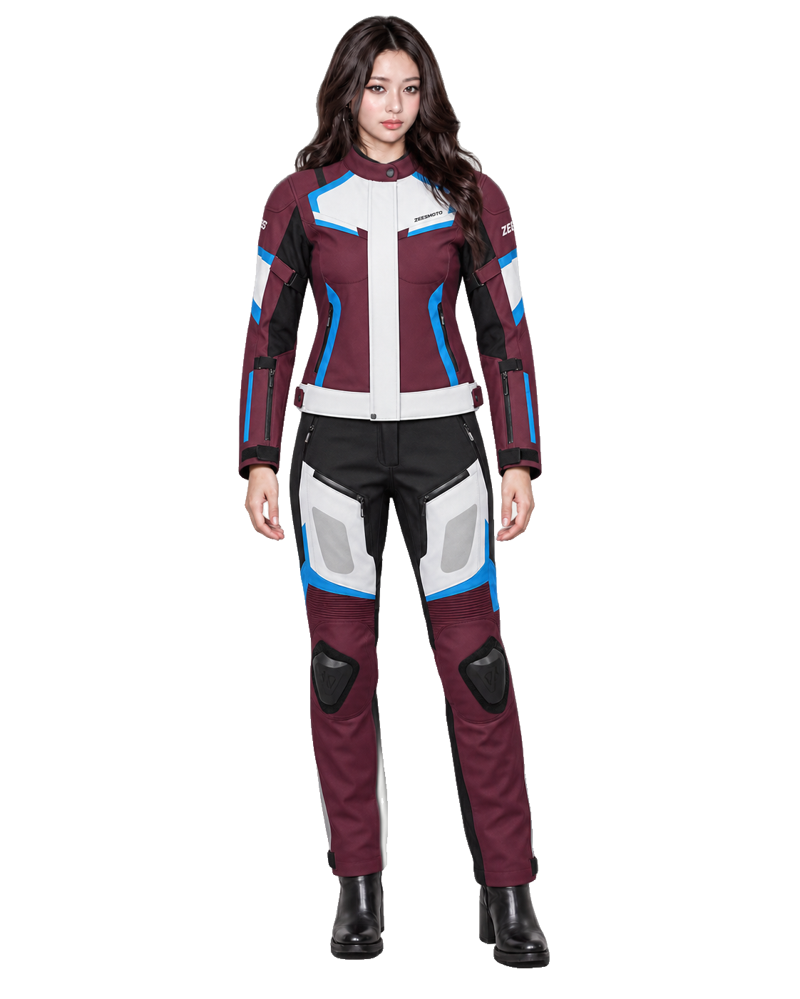 ZEESMOTO Womens Crimson-Tide Textile Motorcycle Suit - CE Armored front view on female model with transparent background