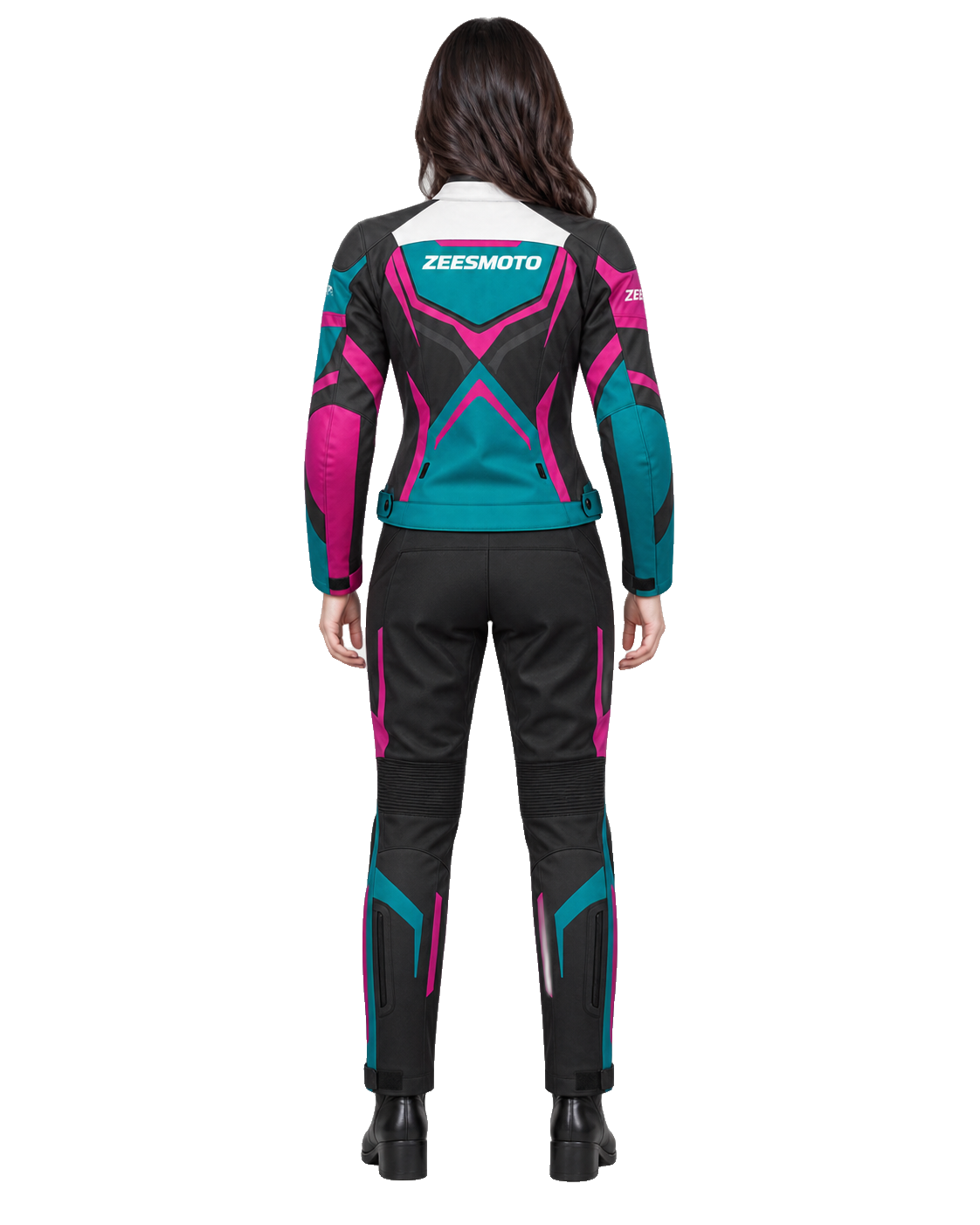 ZEESMOTO Womens Cyber-Wave Textile Motorcycle Suit - CE Armored back view on female model with transparent background