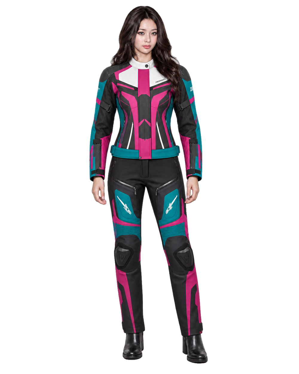 ZEESMOTO Womens Cyber-Wave Textile Motorcycle Suit - CE Armored front view on female model with transparent background