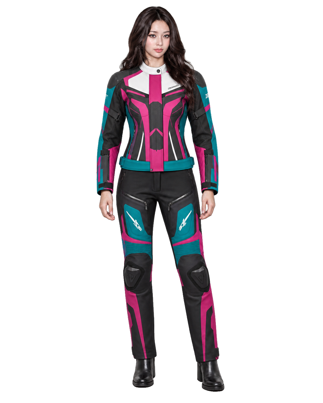ZEESMOTO Womens Cyber-Wave Textile Motorcycle Suit - CE Armored front view on female model with transparent background