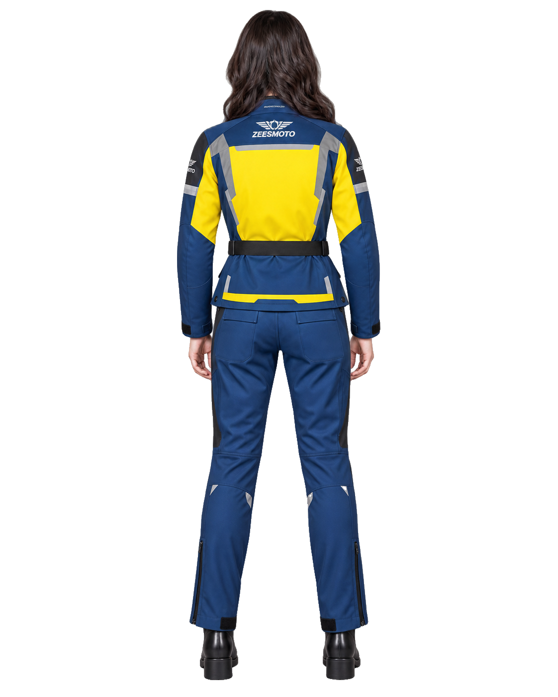 ZEESMOTO Womens Eclipse-Volt Textile Motorcycle Suit - CE Armored back view on female model with transparent background