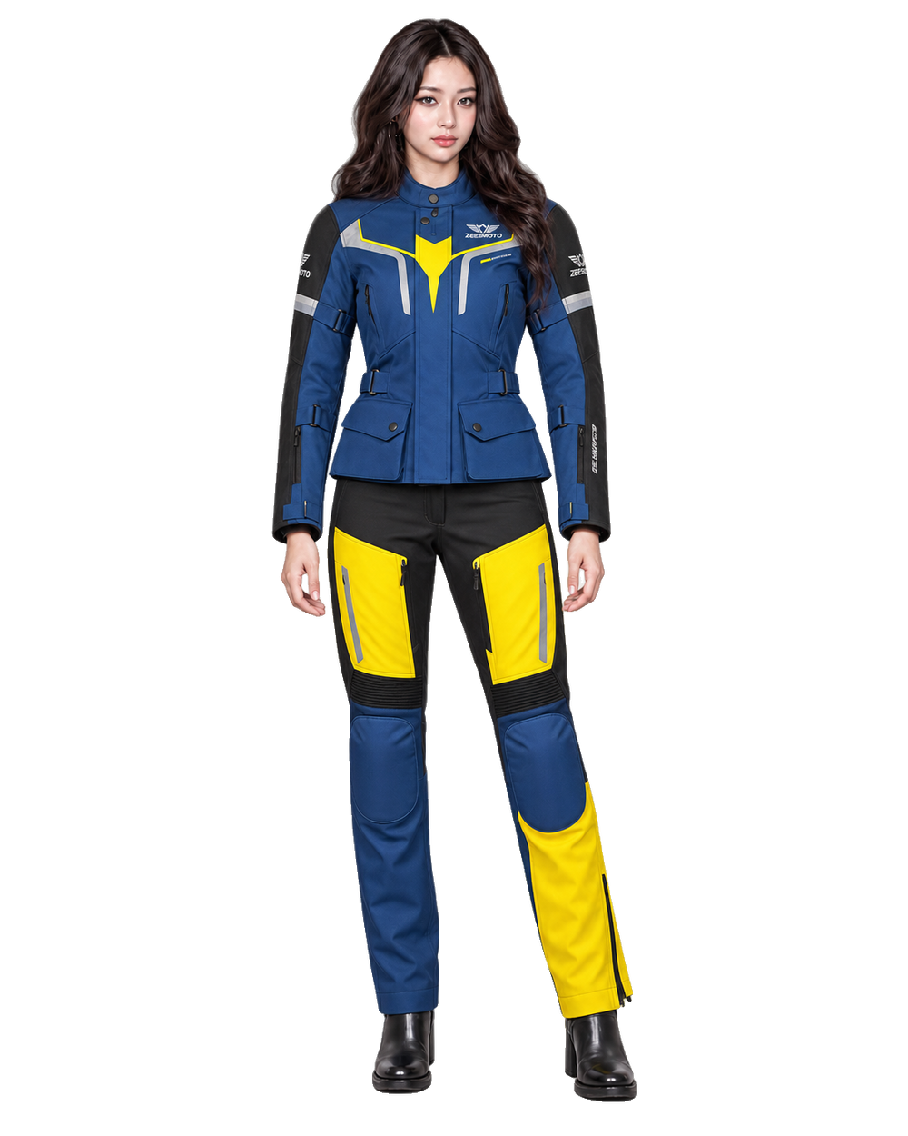 ZEESMOTO Womens Eclipse-Volt Textile Motorcycle Suit - CE Armored front view on female model with transparent background