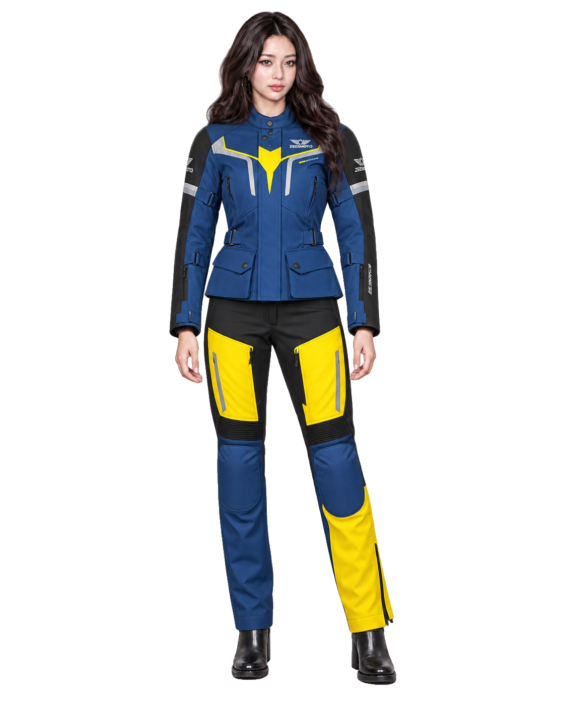 ZEESMOTO Womens Eclipse-Volt Textile Motorcycle Suit - CE Armored front view on female model with transparent background
