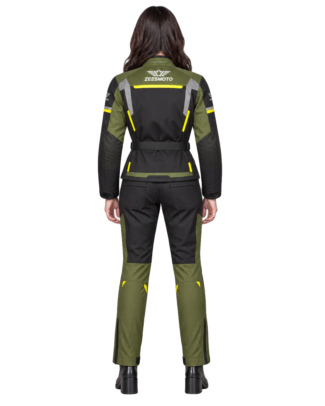 ZEESMOTO Womens Forest-Edge Textile Motorcycle Suit - CE Armored back view on female model with transparent background