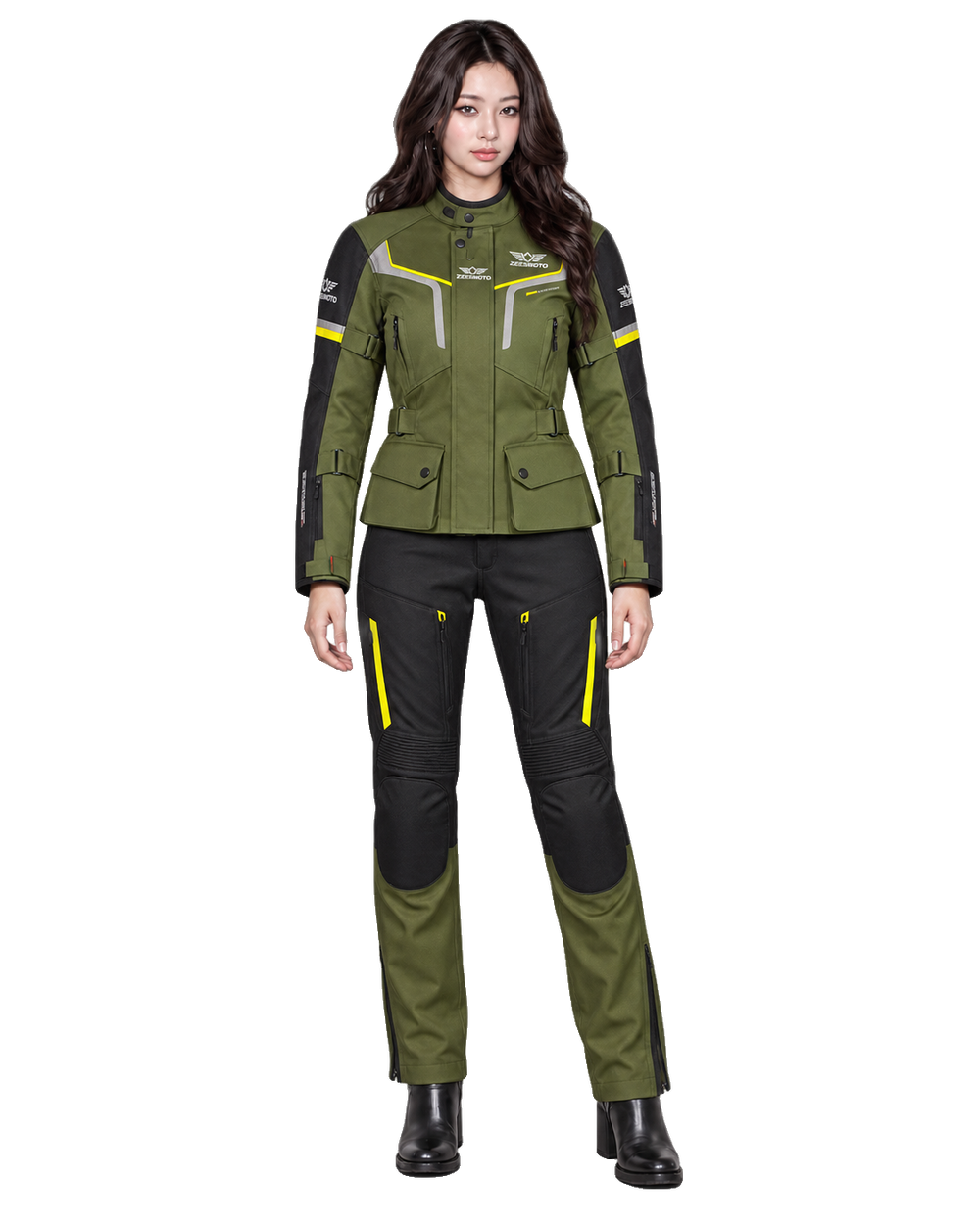ZEESMOTO Womens Forest-Edge Textile Motorcycle Suit - CE Armored front view on female model with transparent background