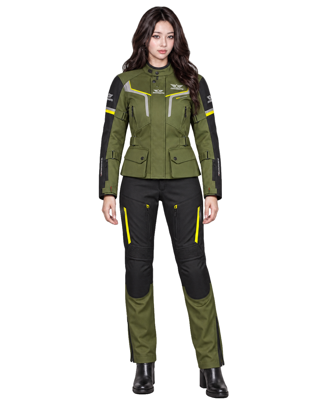 ZEESMOTO Womens Forest-Edge Textile Motorcycle Suit - CE Armored front view on female model with transparent background