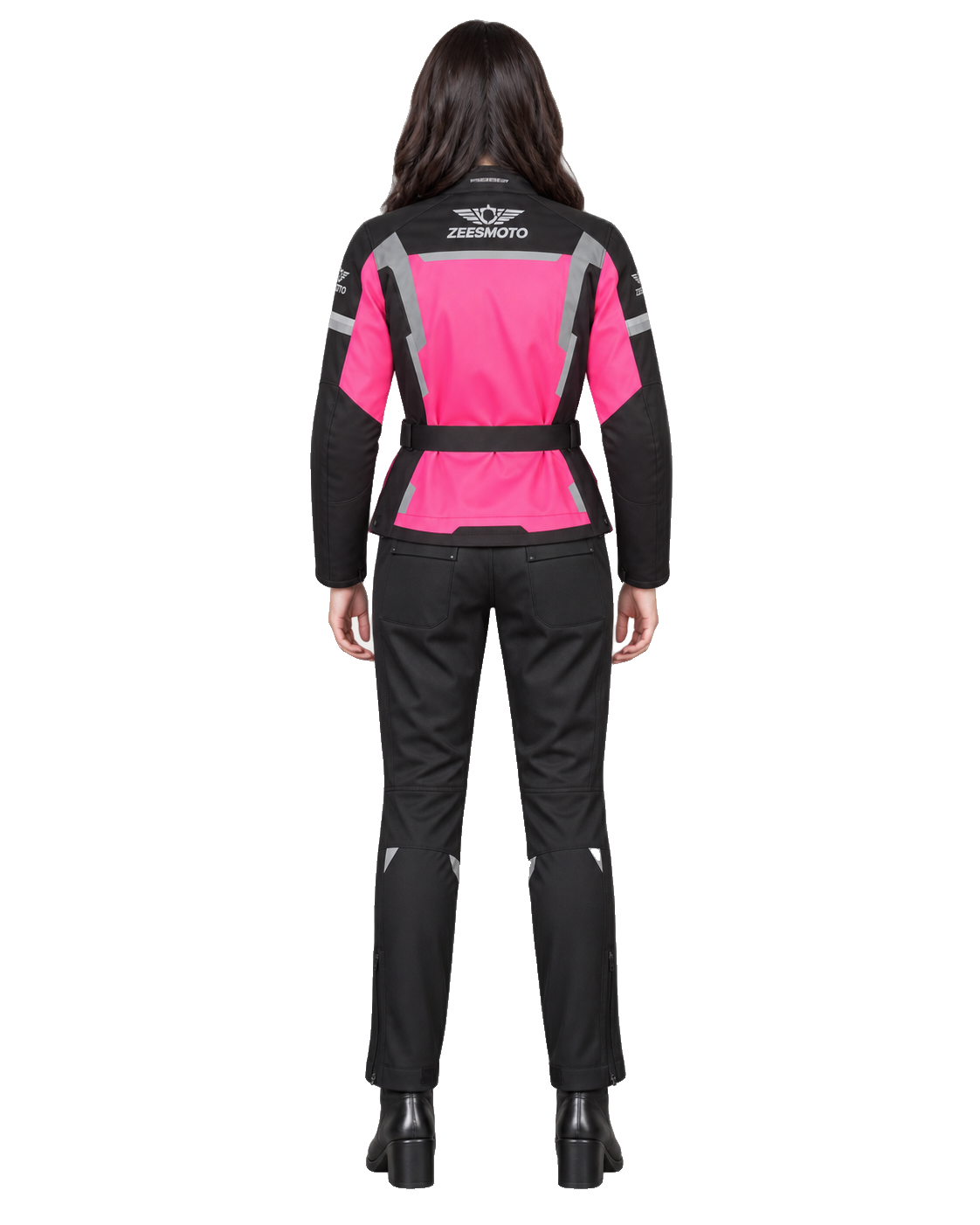 ZEESMOTO Womens Fuchsia-Pulse Textile Motorcycle Suit - CE Armored back view on female model with transparent background