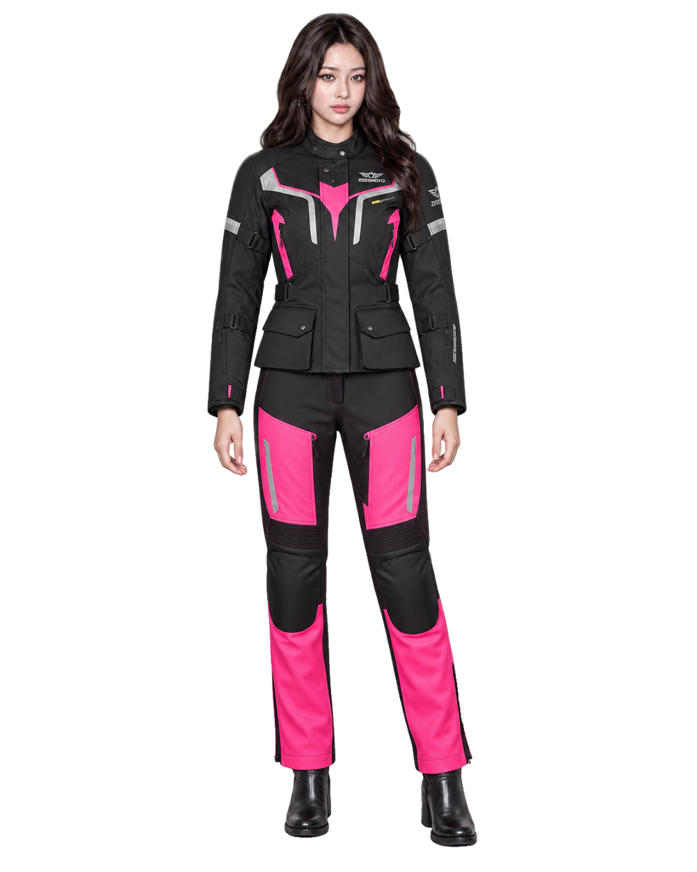 ZEESMOTO Womens Fuchsia-Pulse Textile Motorcycle Suit - CE Armored front view on female model with transparent background