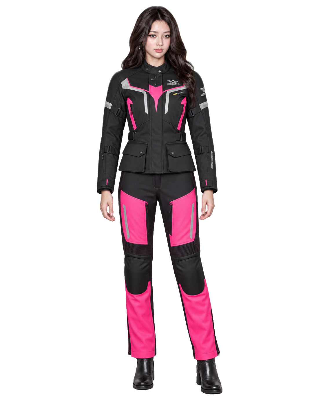 ZEESMOTO Womens Fuchsia-Pulse Textile Motorcycle Suit - CE Armored front view on female model with transparent background