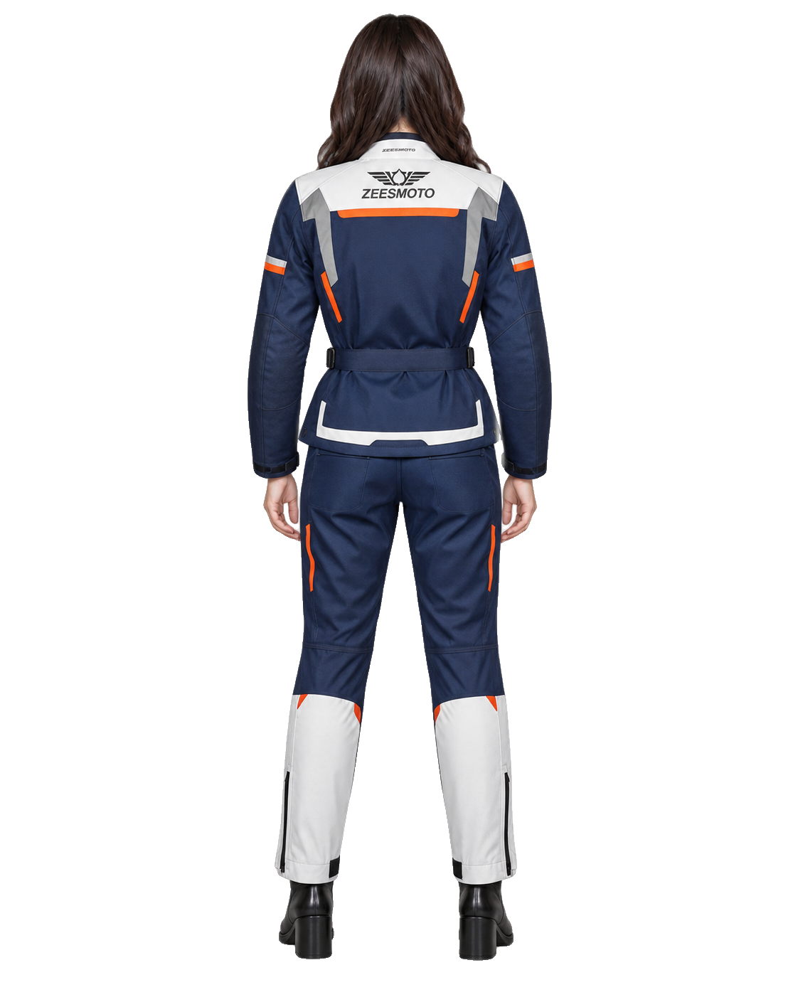 ZEESMOTO Womens Horizon-Adv Textile Motorcycle Suit - CE Armored back view on female model with transparent background
