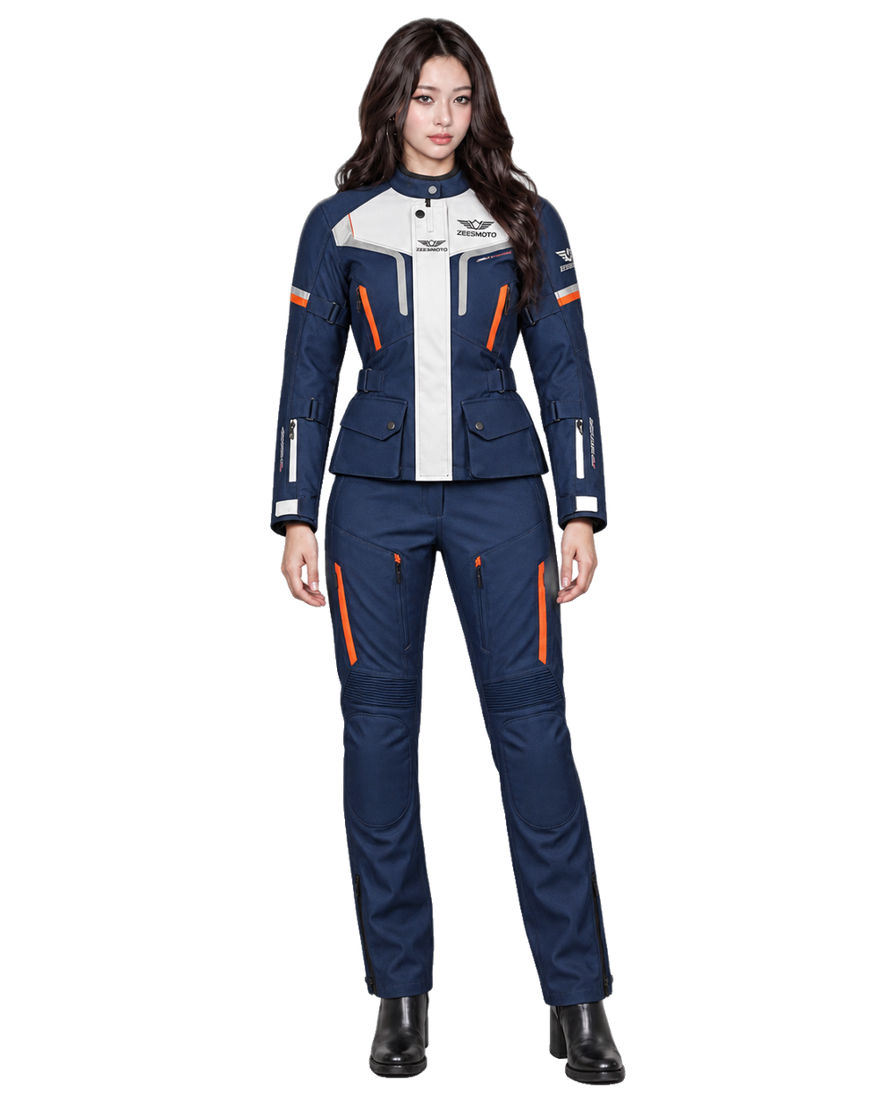 ZEESMOTO Womens Horizon-Adv Textile Motorcycle Suit - CE Armored front view on female model with transparent background