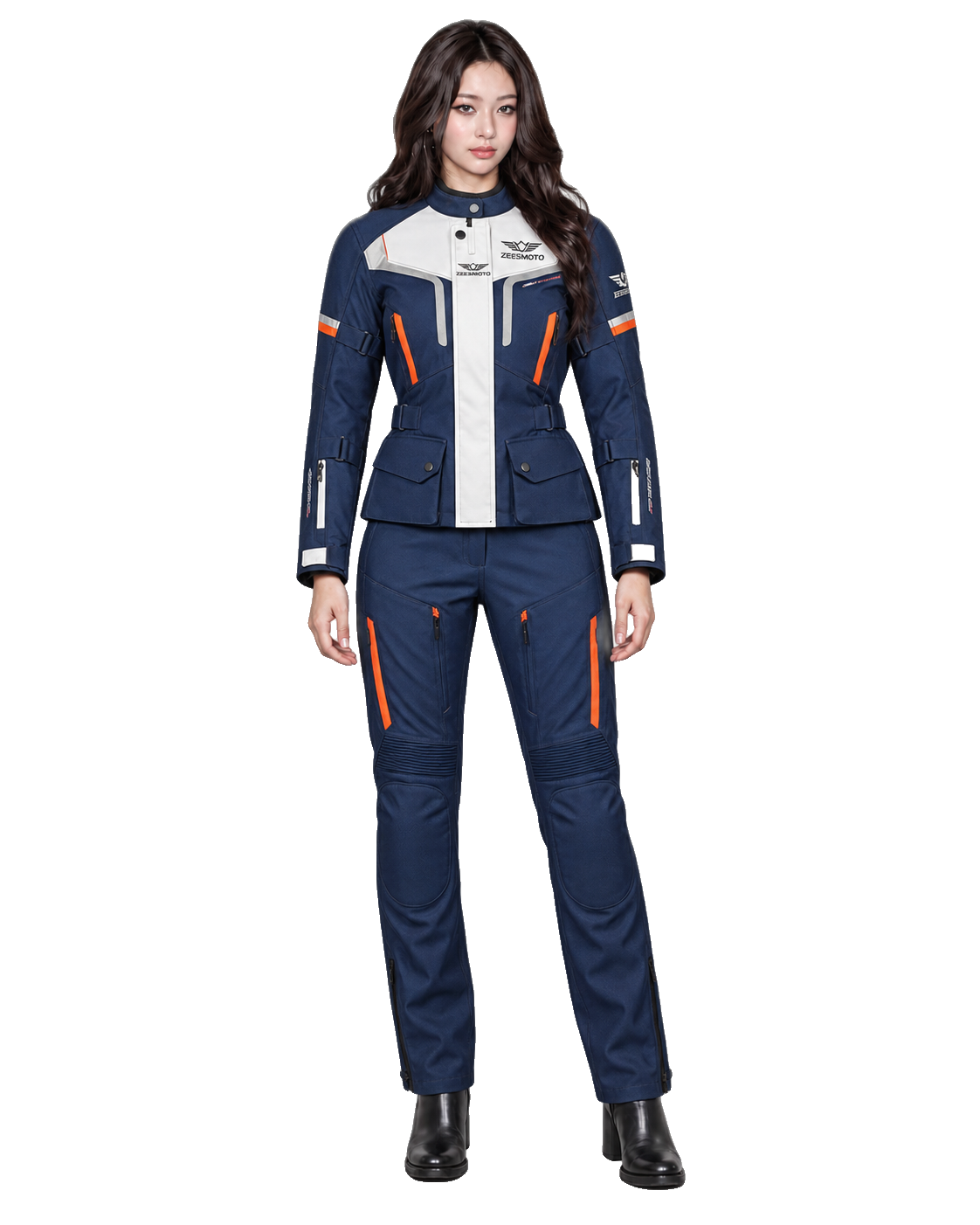 ZEESMOTO Womens Horizon-Adv Textile Motorcycle Suit - CE Armored front view on female model with transparent background
