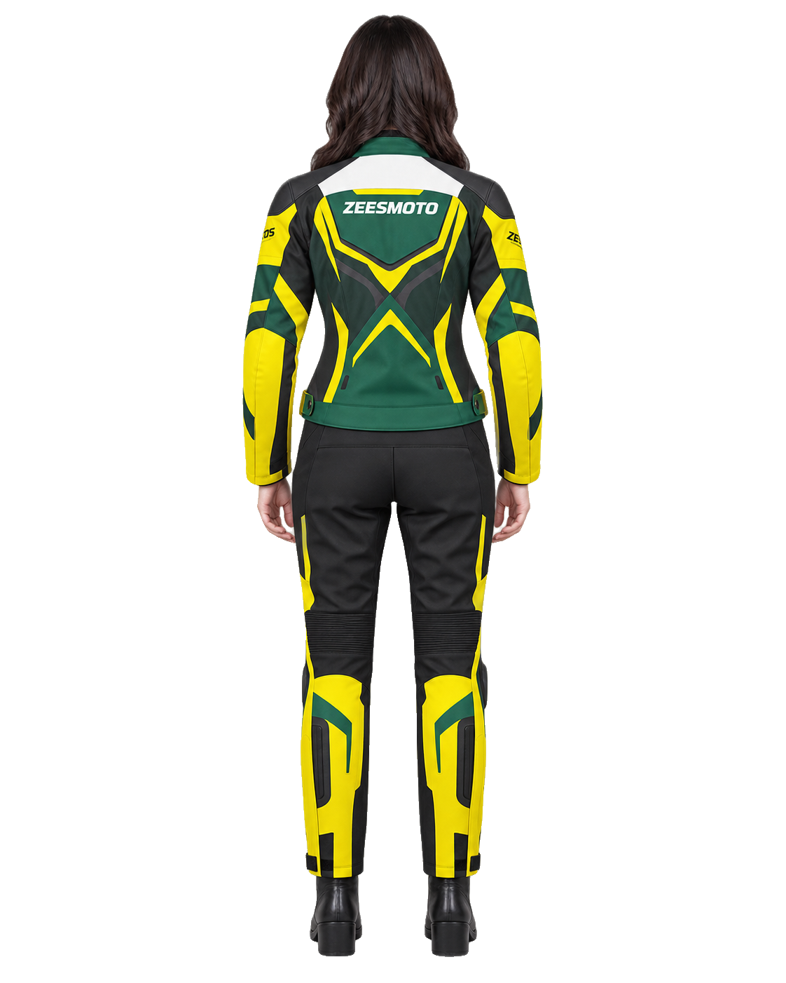 ZEESMOTO Womens Mantis-Strike Textile Motorcycle Suit - CE Armored back view on female model with transparent background