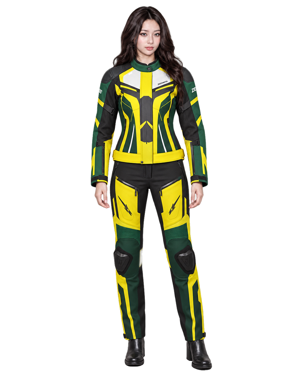 ZEESMOTO Womens Mantis-Strike Textile Motorcycle Suit - CE Armored front view on female model with transparent background