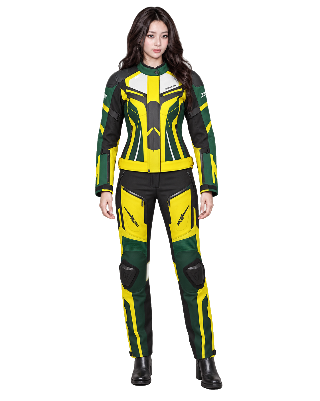 ZEESMOTO Womens Mantis-Strike Textile Motorcycle Suit - CE Armored front view on female model with transparent background