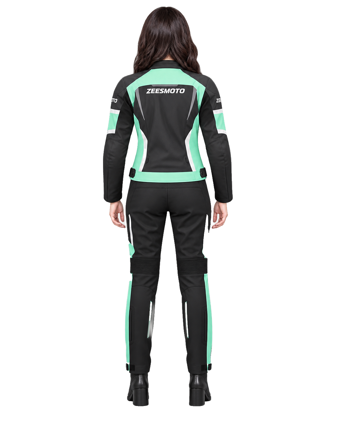 ZEESMOTO Womens Mint-Phantom Textile Motorcycle Suit - CE Armored back view on female model with transparent background
